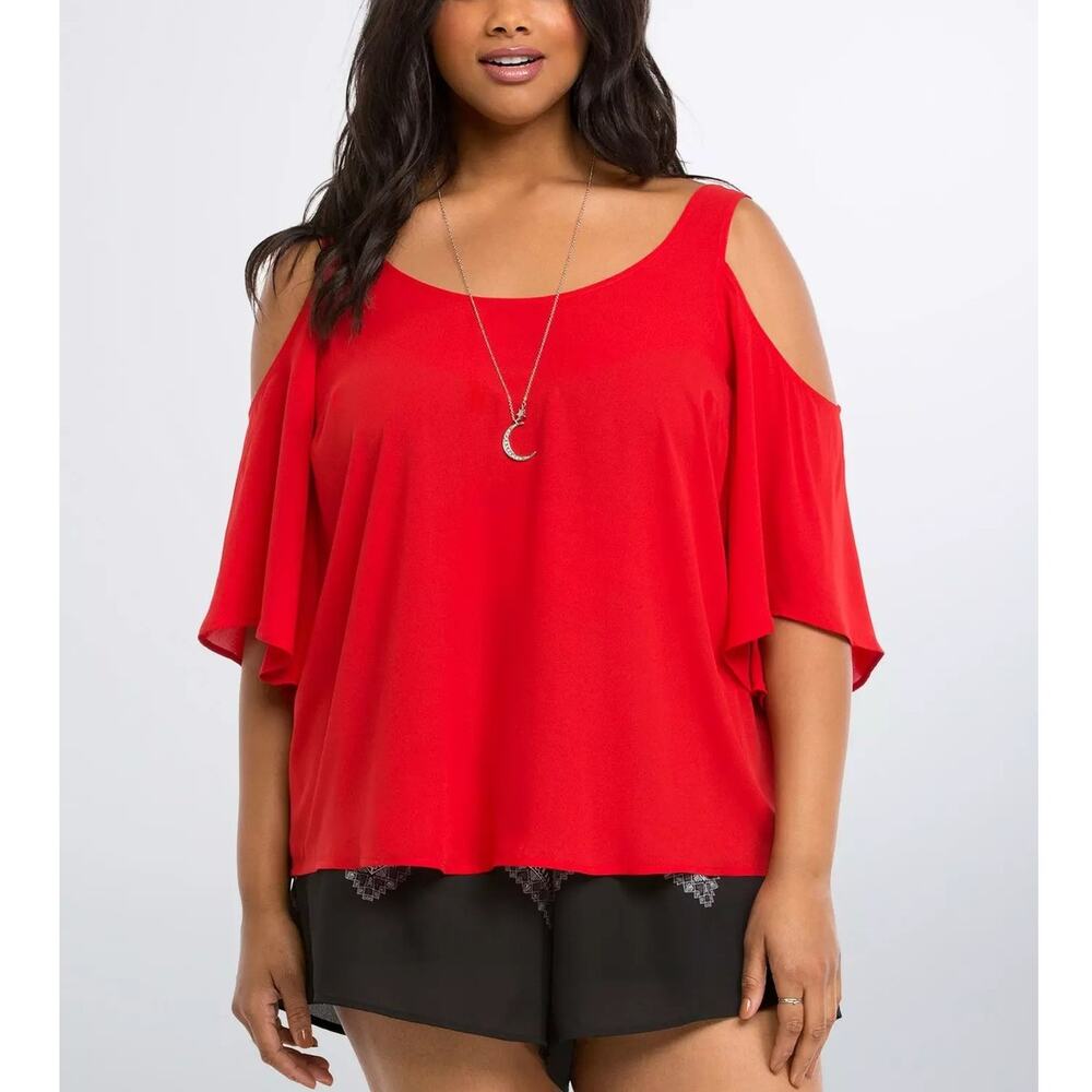 Torrid Georgette Cold Shoulder Top Flowy Blouse Size 3 Plus Size 3X  22-24 Red